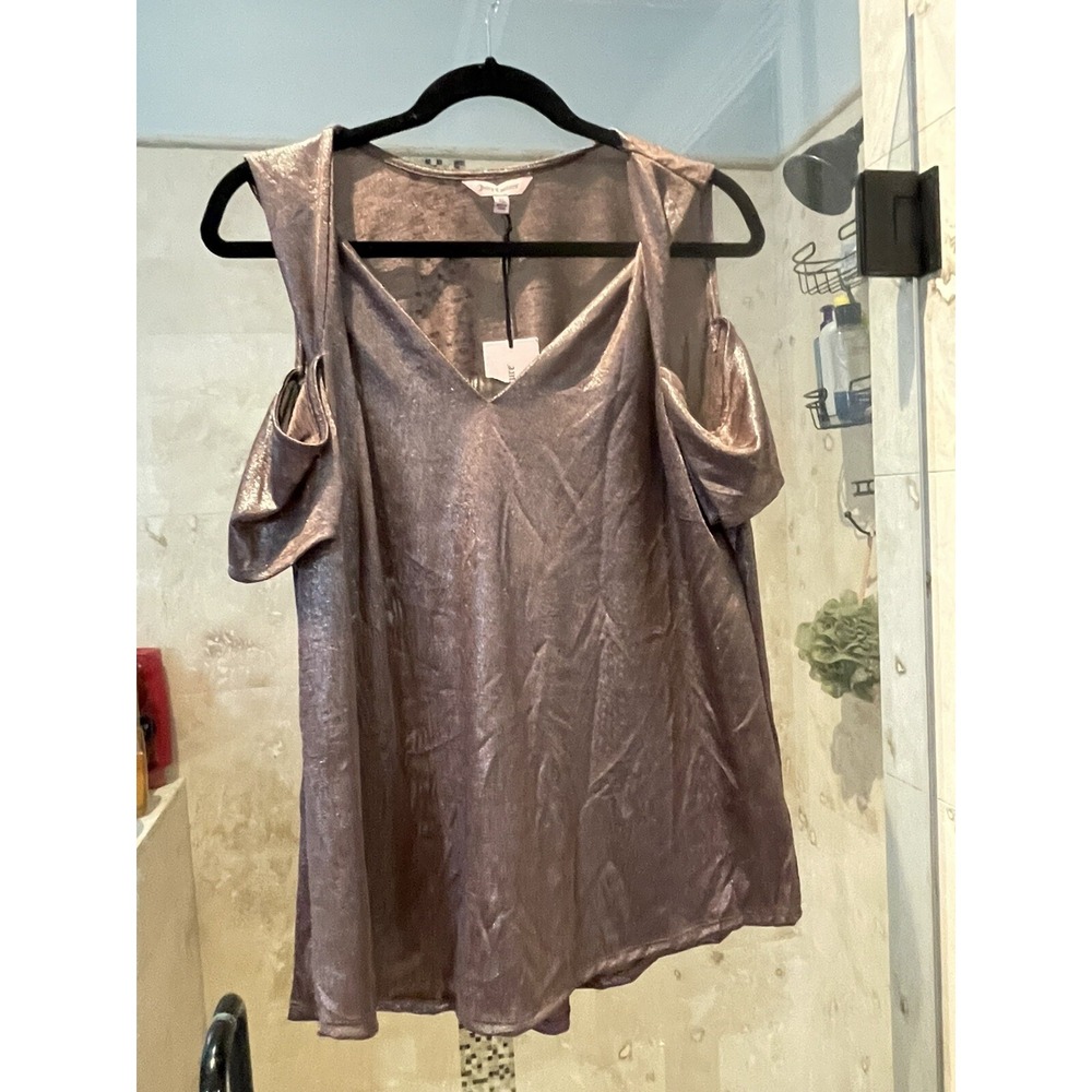 Juicy Couture Womens XL V-Neck Dolman Cold Shoulder Top Pink Grey Metallic NWT